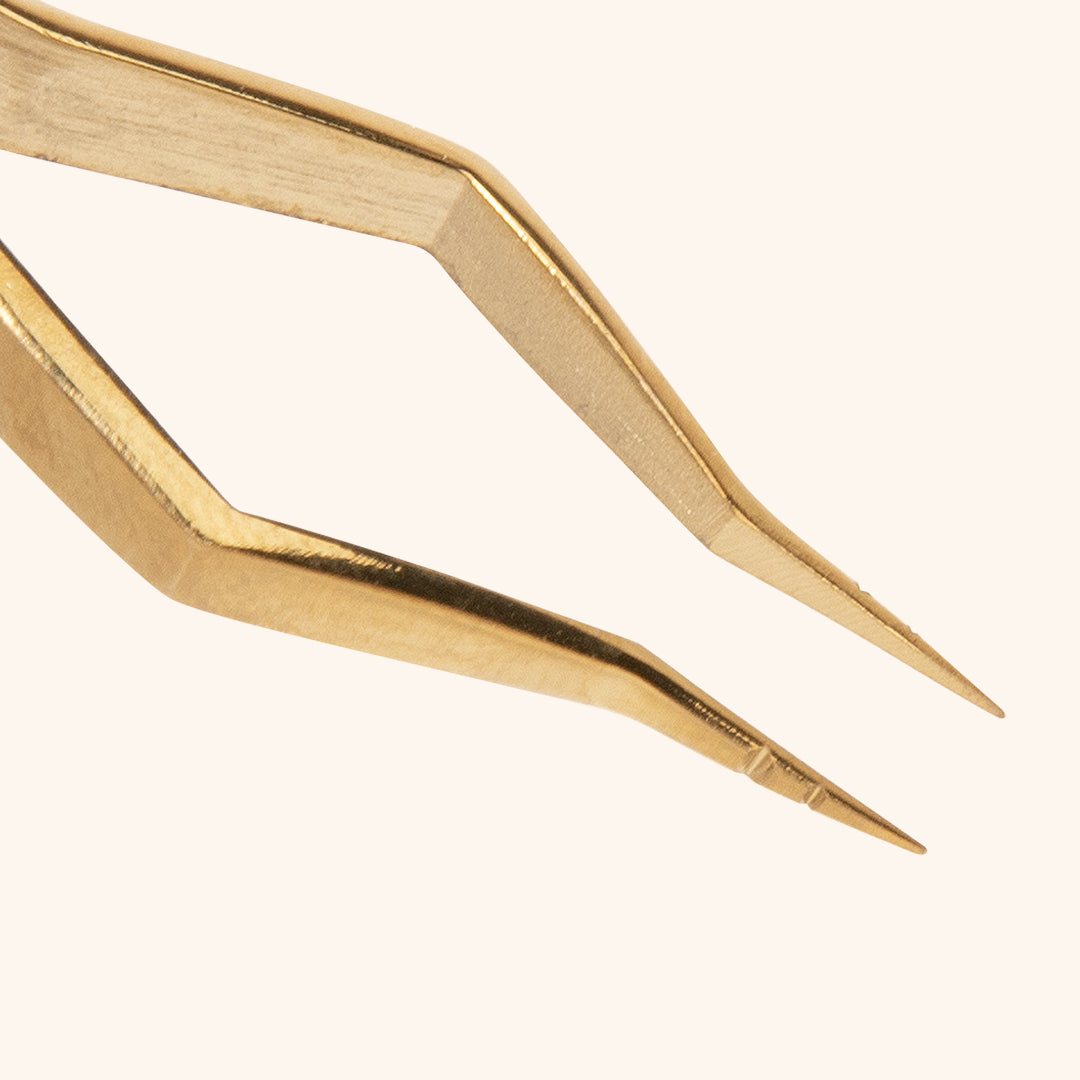 gold colour isolation tweezers with sharp tips and wider boot for easy and quick isolation