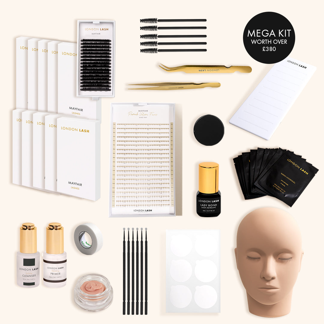 items included in London lash classic extension kit such as lash trays, tweezers, bottles of glue, glue stone, eyelash pallet, mannequin head.