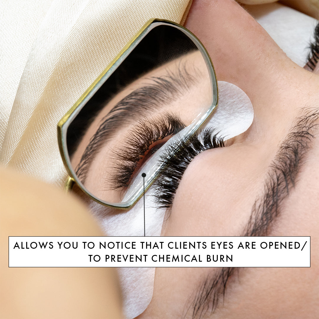 a set of volume eyelash extensions shown from above and below with the best eyelash extensions treatment mirror