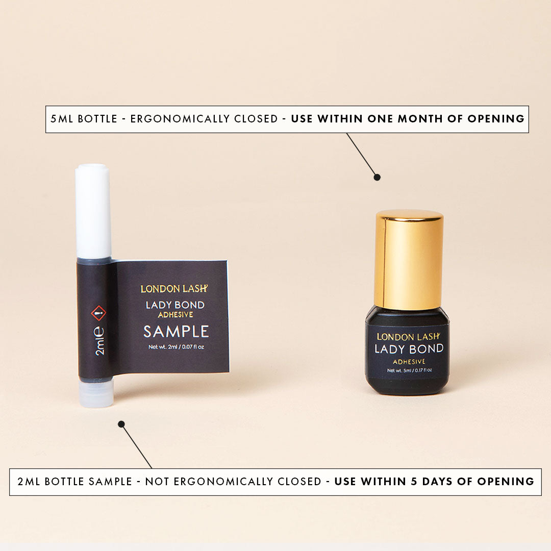 a sample bottle and full sized bottle of lady bond lash extension glue