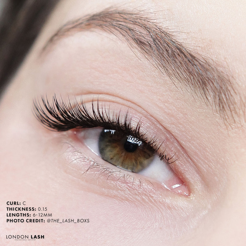 a set of classic lashes on a model using C curl lashes