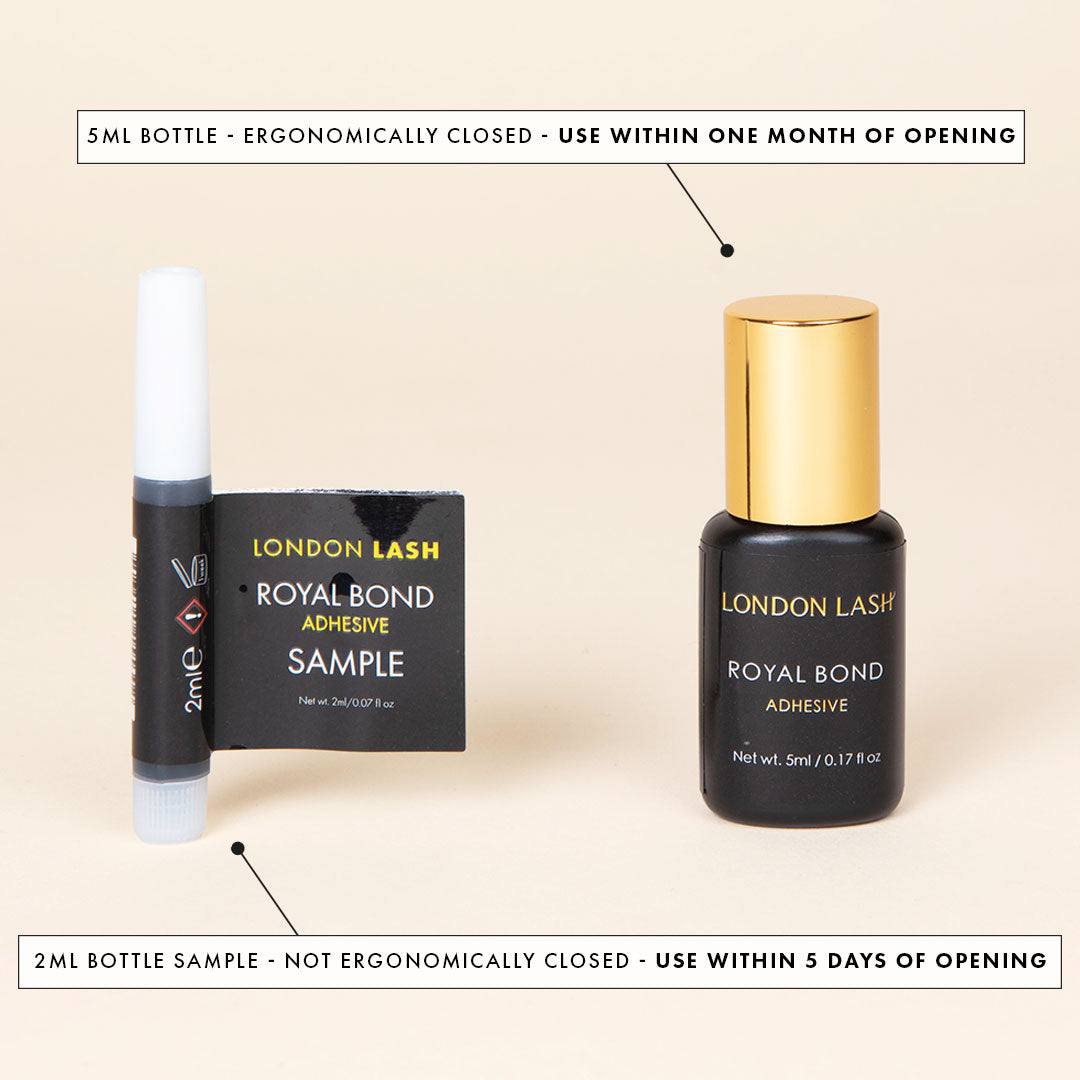 a sample bottle and full sized bottle of royal bond eyelash extension glue