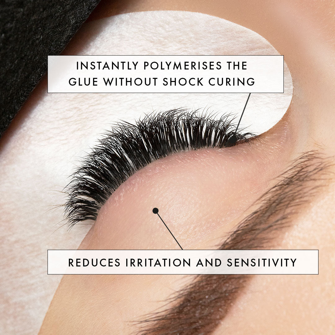 london lash super bonder sealant infographic explaining that it cures lash glue instantly and reduces irritation and sensitivity