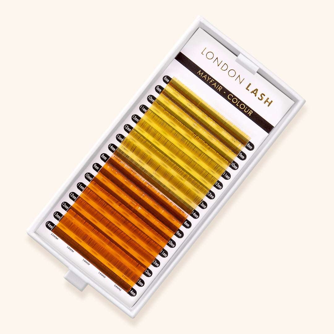best coloured lashes, best coloured eyelash extensions, best coloured lash extensions, best light yellow / orange coloured lashes, best yellow / orange coloured eyelash extensions, best yellow / orange coloured lash extensions